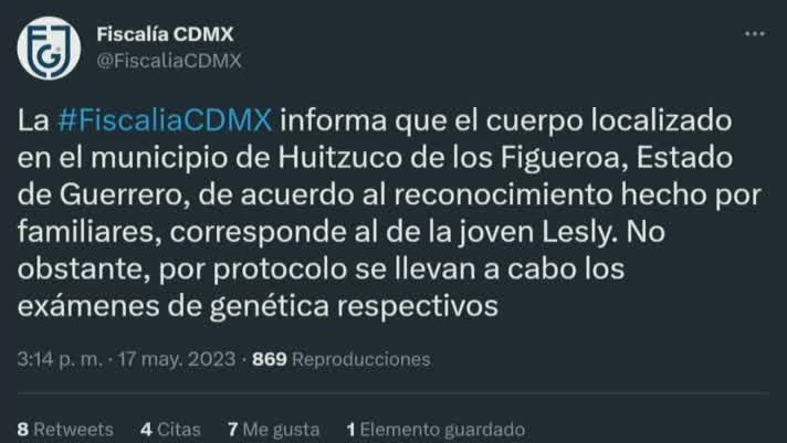 Fiscalía de la CdMx informa que el cuerpo hallado en Guerrero corresponde al de Lesly Martínez
