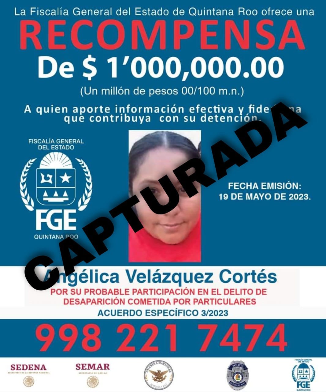 Angélica Velázquez Cortés, probable involucrada en el delito de desaparición. (FGE de Q.Roo)