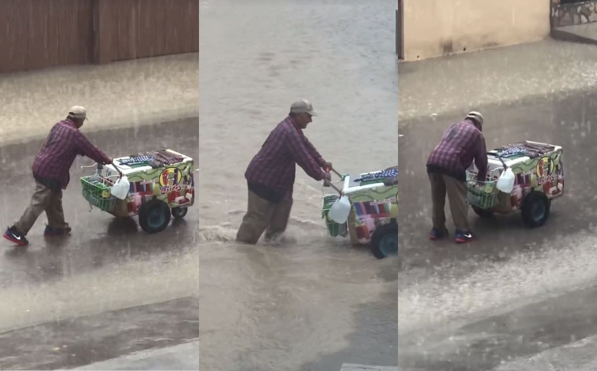 En el video que se viralizó, se puede ver a Don Adrián luchando contra la lluvia mientras camina con su carrito de paletas. (TikTok)