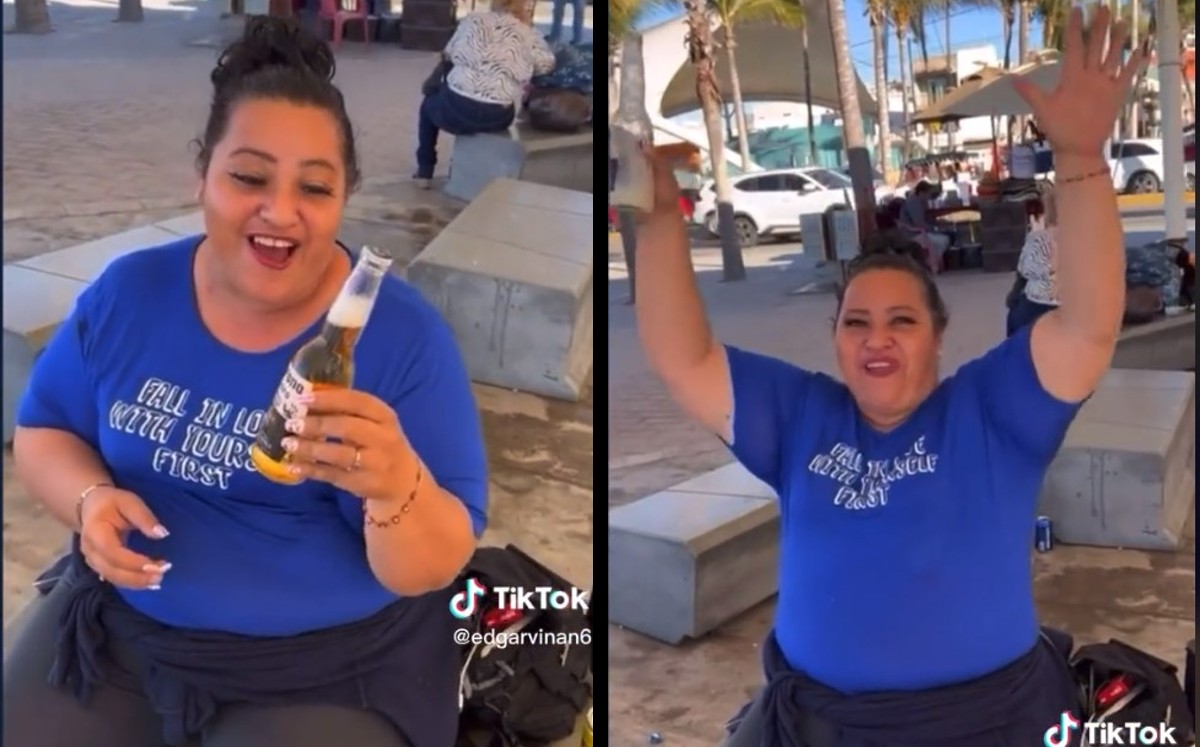 La mujer aceptó el reto de beber la cerveza en pocos segundos a cambio de 3 mil pesos | ESPECIAL