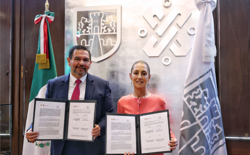 Claudia Sheinbaum y Cruz Pérez Cuéllar en firma de convenio