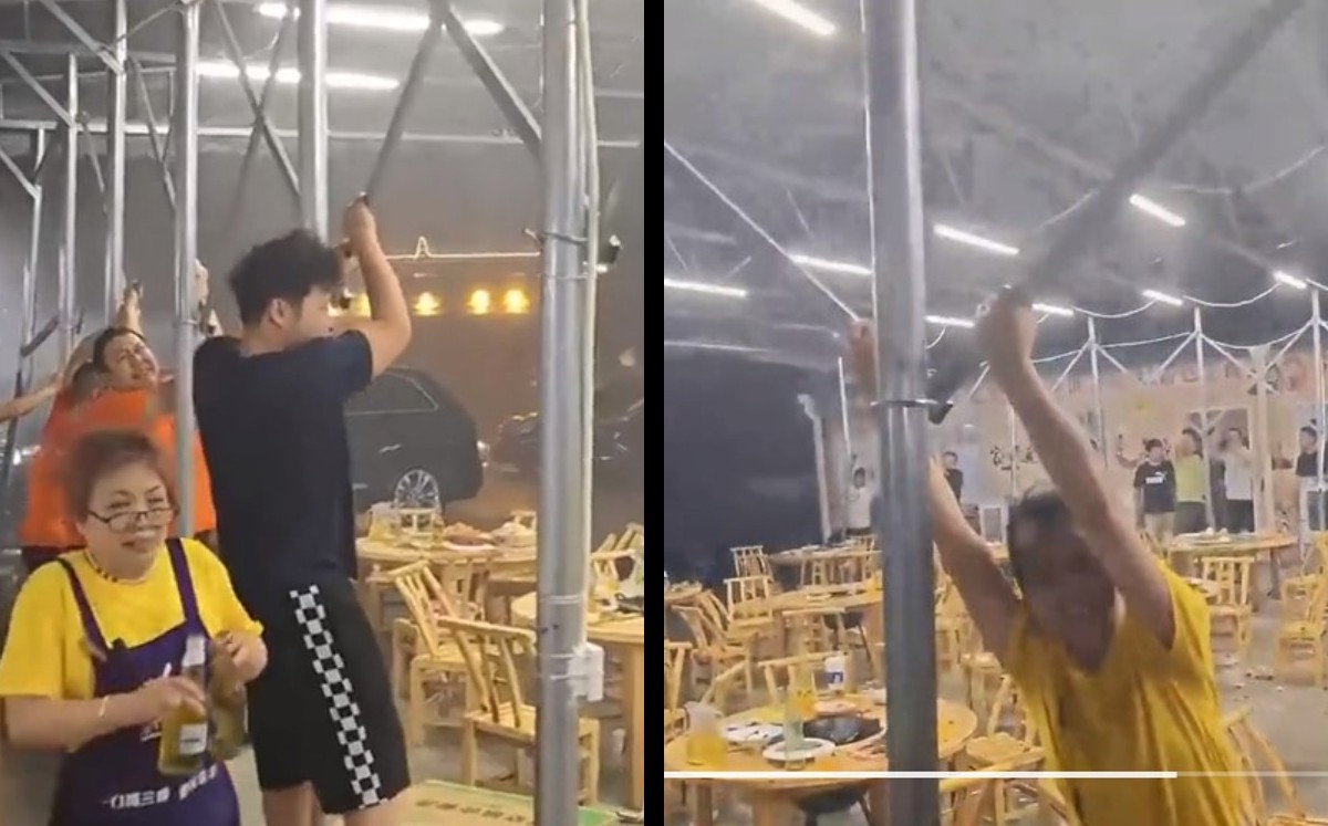 Empleados de un restaurante salen volando tras rafága de aire | ESPECIAL