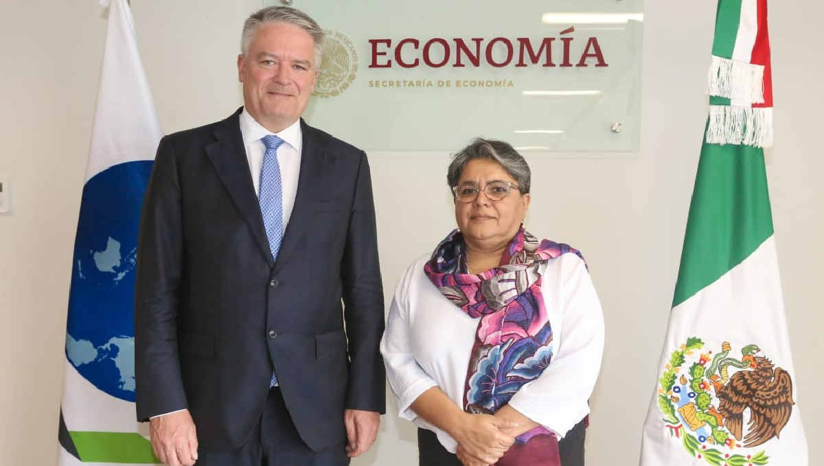 La secretaria de Economía, Raquel Buenrostro, y el secretario general de la OCDE, Mathias Cormann. | Especial