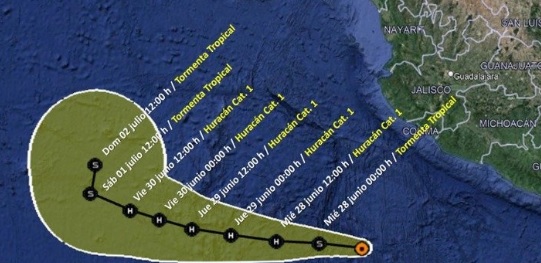 Ciclón Adrián. Ruta y trayectoria por costas de México. (SMN)