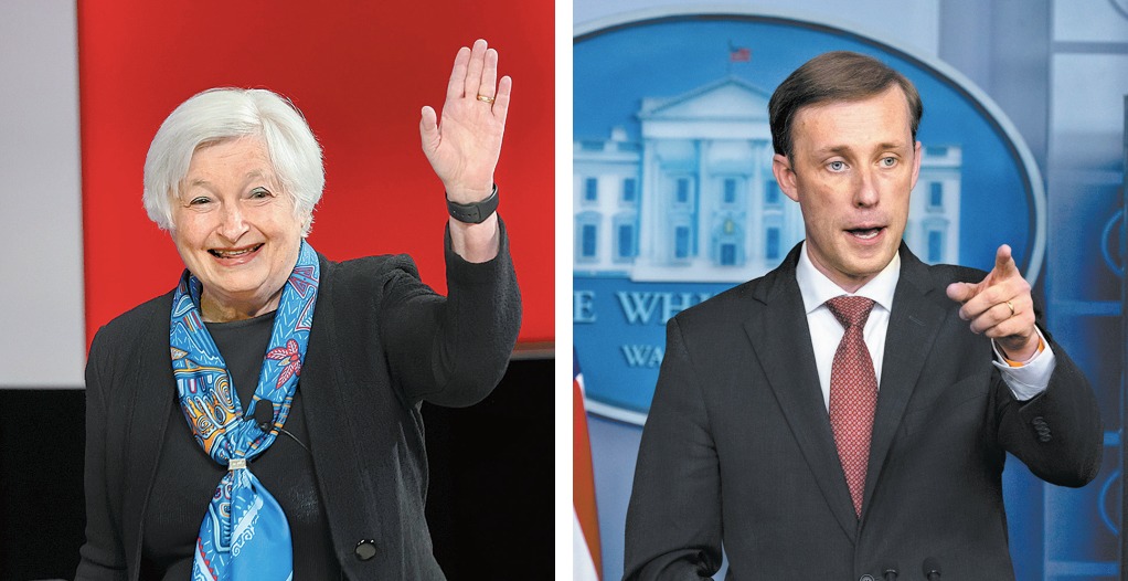 Janet Yellen, secretaria del Tesoro, y Jake Sullivan, asesor de Seguridad de EU. Kevin Dietsch/AFP y Alex Brandon/AP