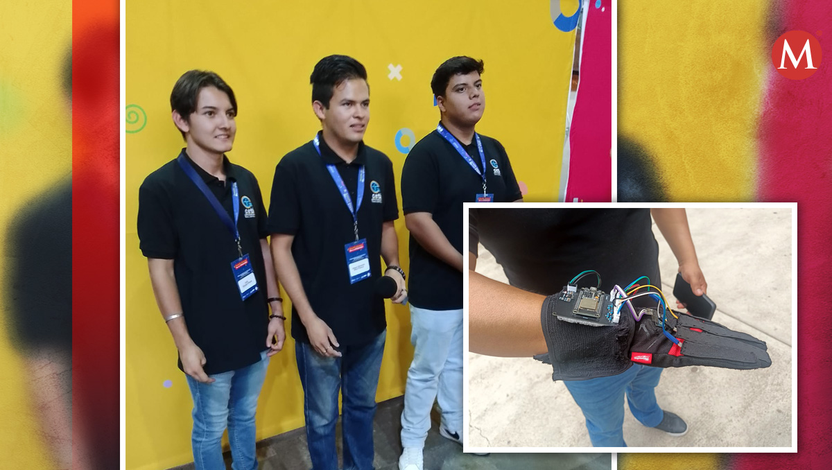 Estudiantes presentan guante traductor de señas. (Especial)