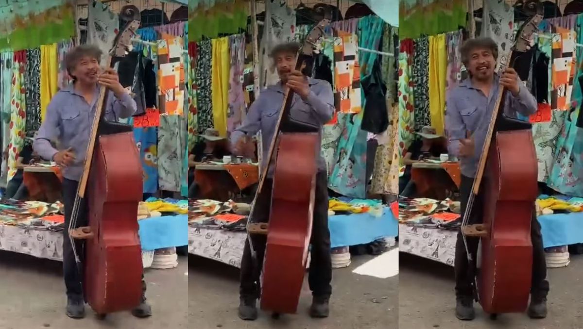 ¡Está facturando! Captan a señor cantando como Shakira con tololoche en mercado. | Especial
