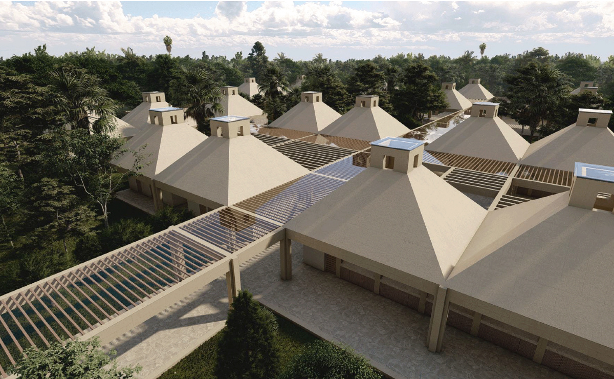 Render del Centro de Atención a Visitantes (Catvi) en la zona arqueológica de Edzná.