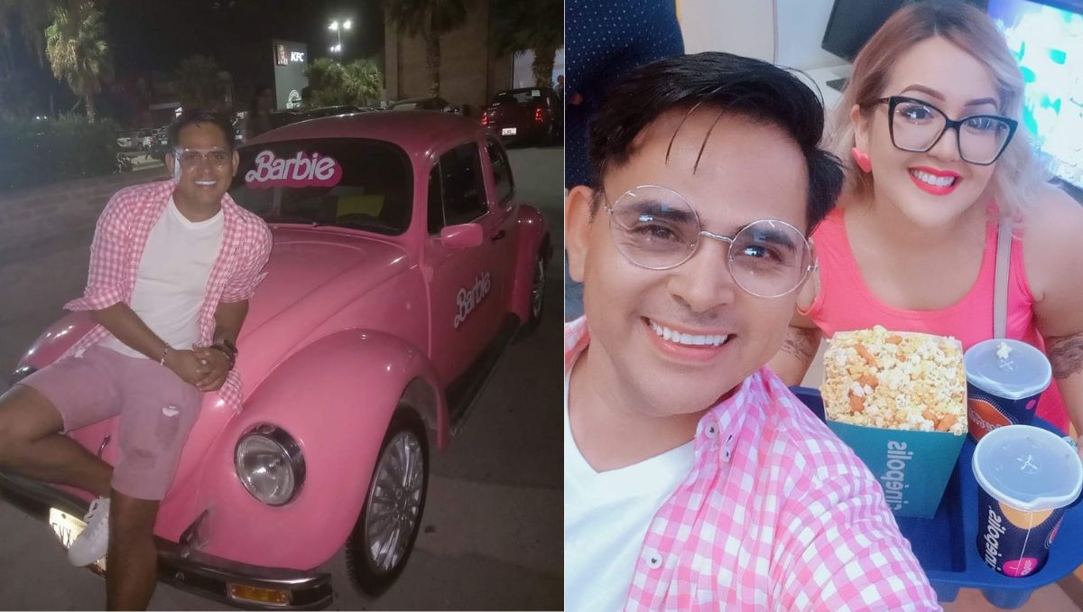 Joven de San Pedro llega en vocho rosa a estreno de Barbie. | Especial