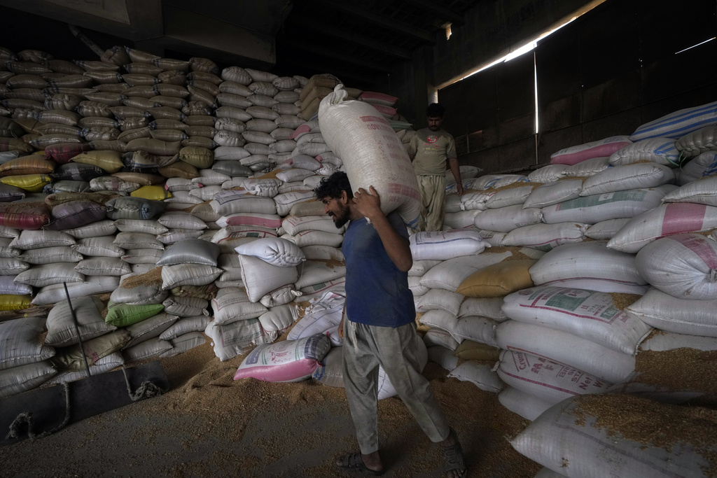 Un trabajador paquistaní carga sacos de trigo en un almacén | AP