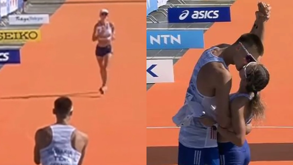 Pareja de atletas se compromete al final de los 35 km en Mundial de Atletismo (Captura)