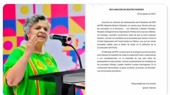 Beatriz Paredes pide esperar resultados de las encuestas del Frente Amplio por México