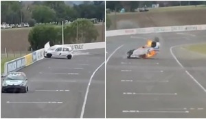 Kevin Crucci sufrió terrible accidente en una carrera de autos, chocó y salió en llamas del automóvil