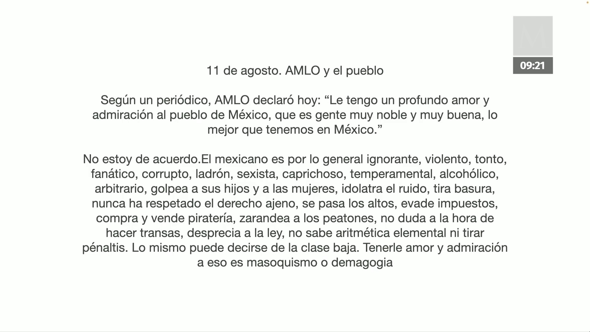 AMLO exhibe escrito de Sheridan "AMLO y el pueblo", para demostrar su pensamiento conservador