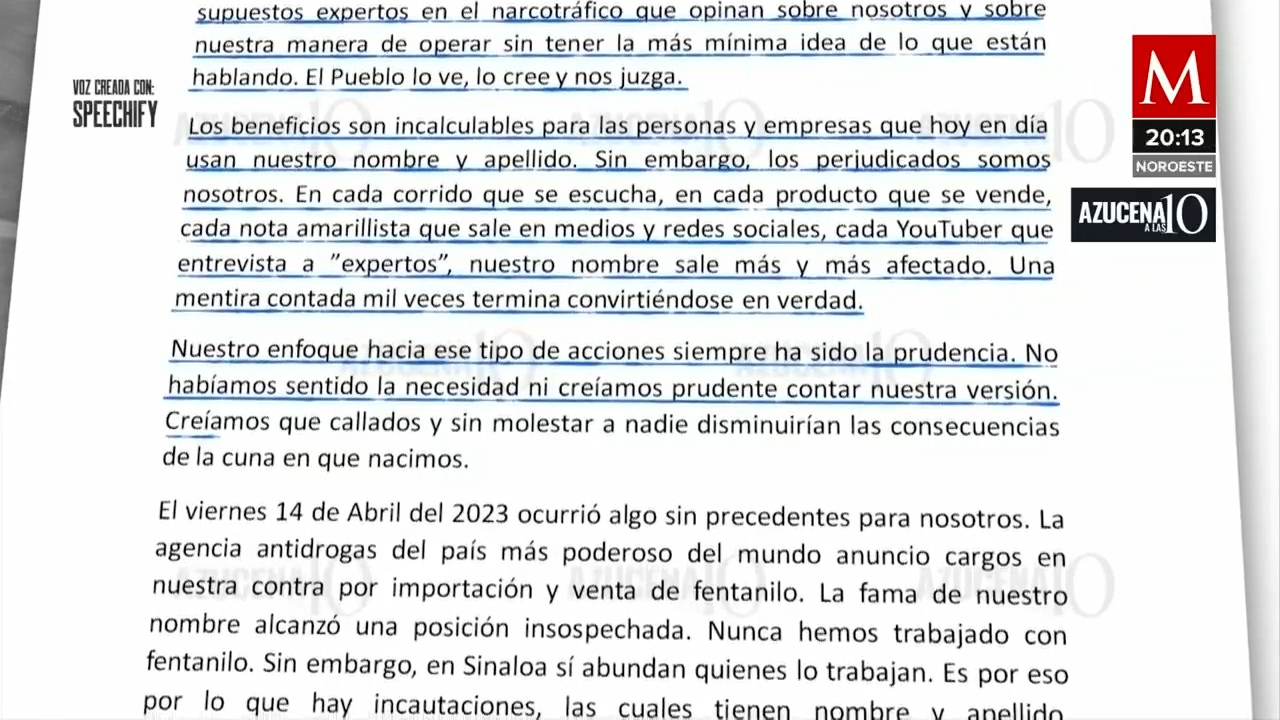 Carta de los chapitos: Su desvinculación total del fentanilo el 4 de mayo