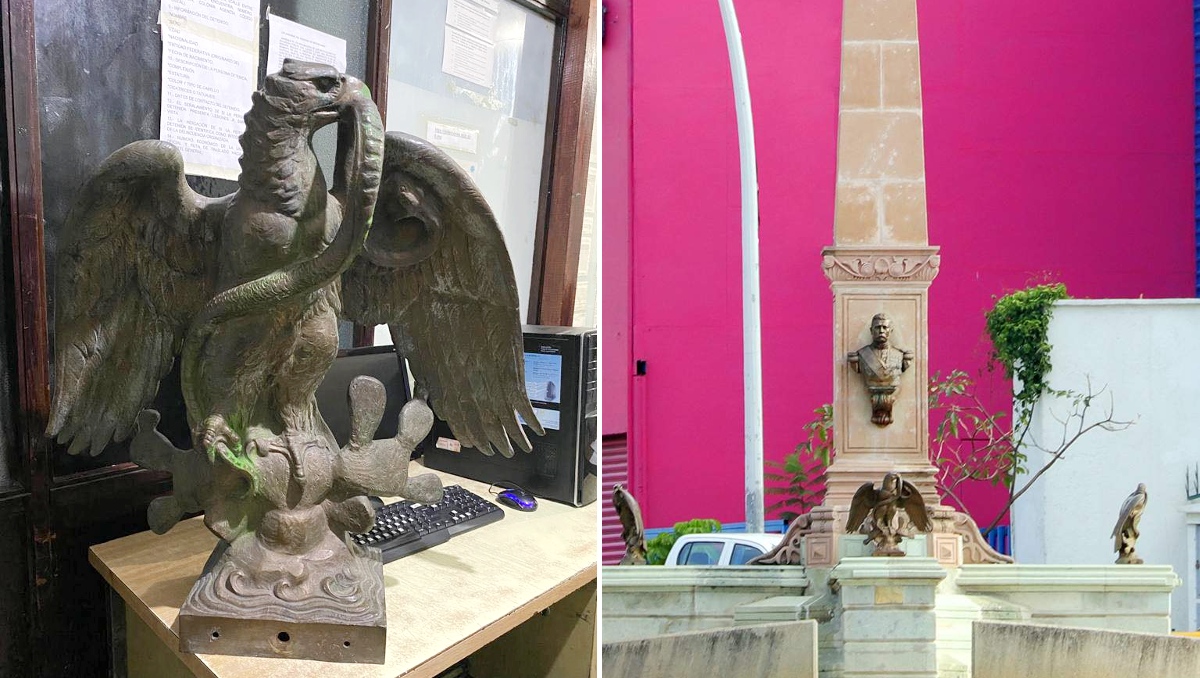 La estatua del águila fue recuperada por policías municipales de Oaxaca. | Secretaría de Seguridad municipal de Oaxaca y @CansecoJoel