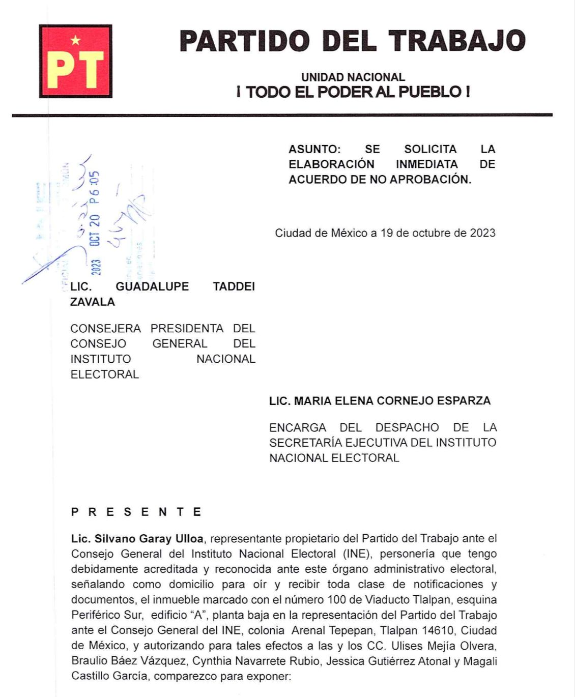Silvano Garay, representante propietario del PT ante el INE, pidió que el Consejo General presente un acuerdo de “no aprobación