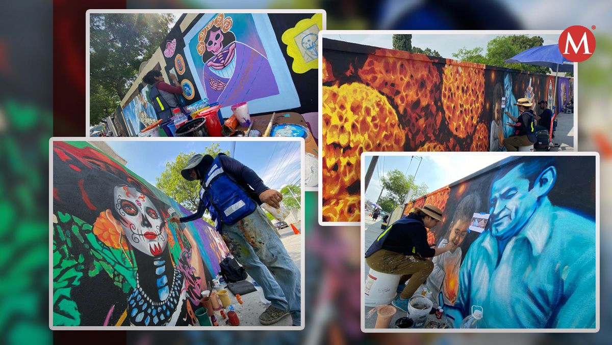 Catrinas, flores de cempasúchil y retratos forman parte del mural. Fotos: Roberto Alanís