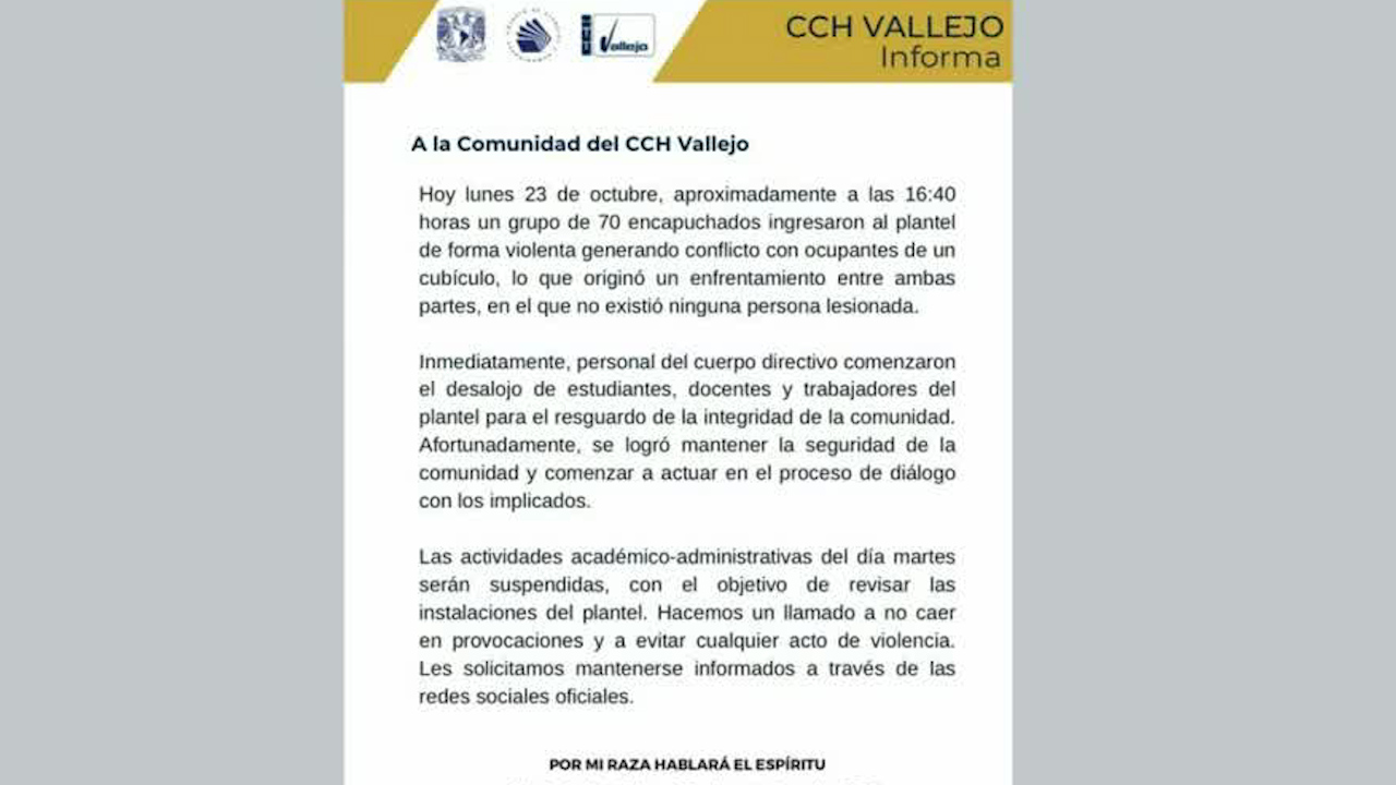 CCH Vallejo suspende clases por toma violenta de instalaciones