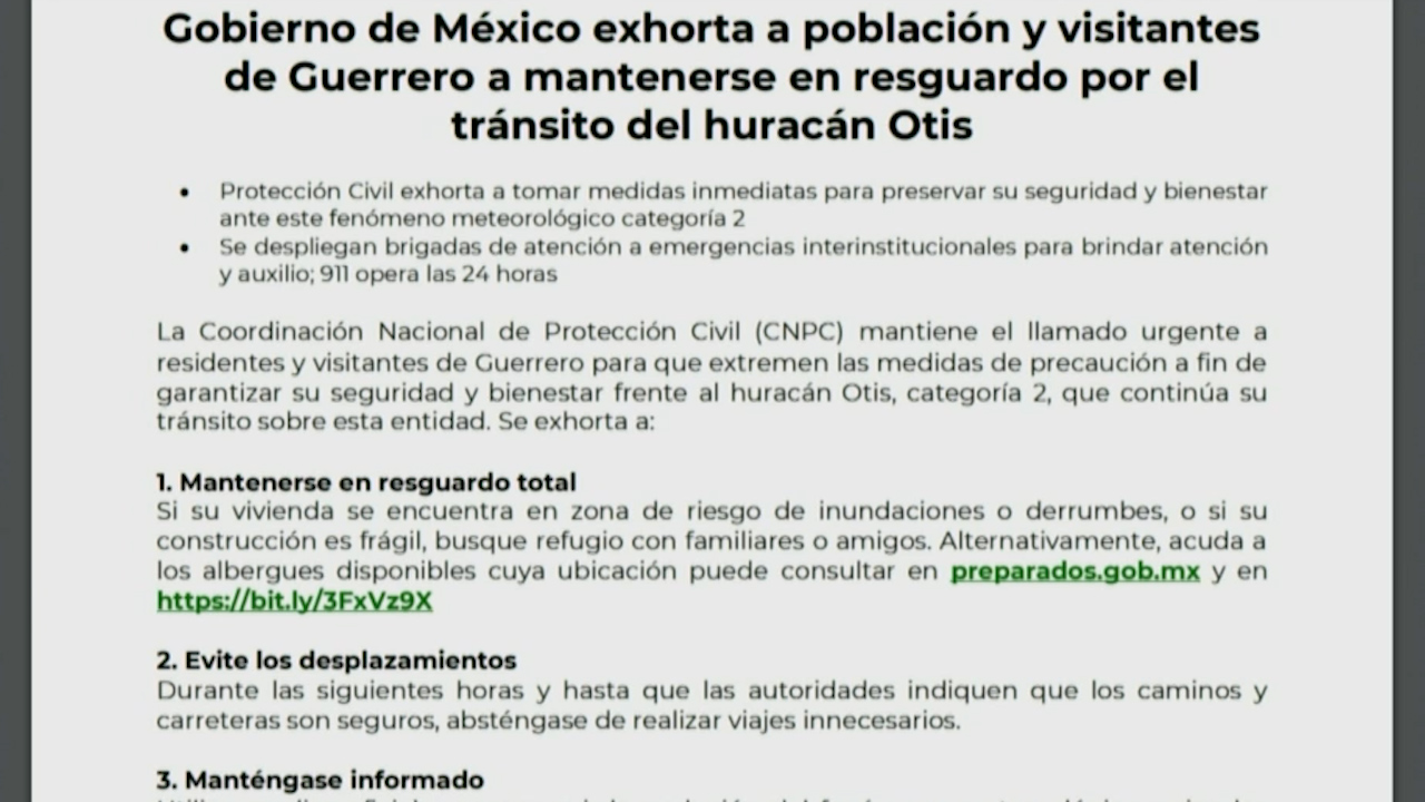 Gobierno pide mantenerse bajo resguardo ante huracán 'Otis' en Guerrero