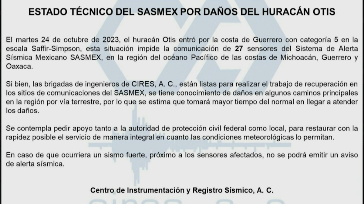 Sistema de Alerta Sísmica pierde comunicación con 27 sensores por paso de 'Otis'