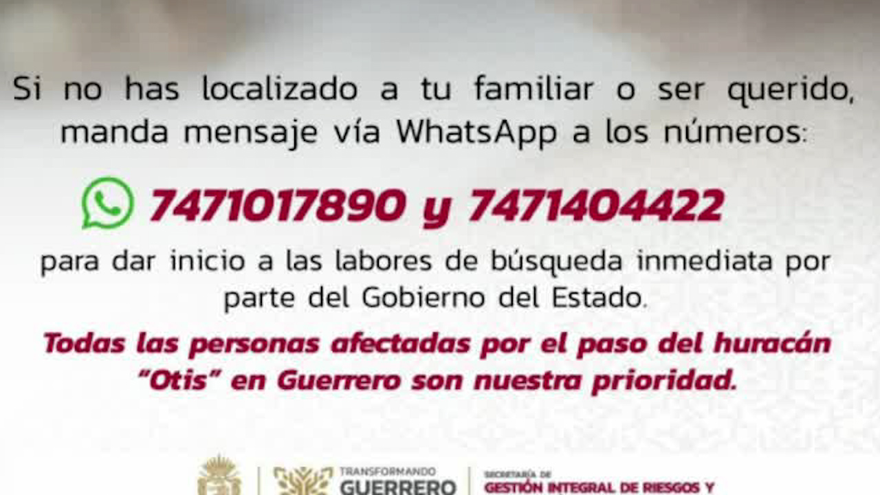 Gobierno de Guerrero abre números de WhatsApp para búsqueda de personas tras huracán 'Otis'