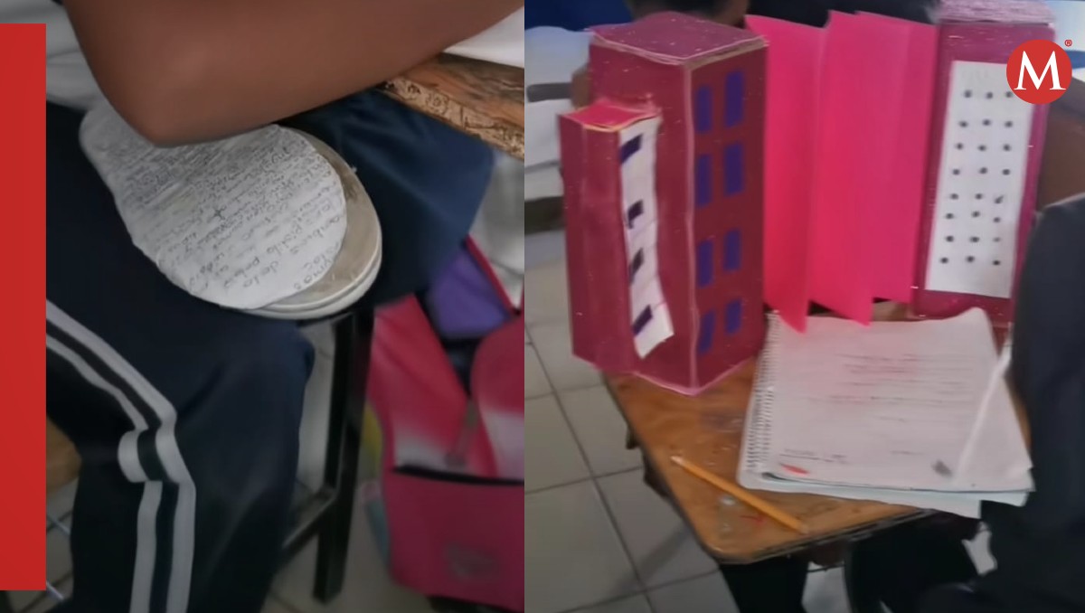 Alumno lleva un acordeón de cartón en lugar de uno de papal para su examen