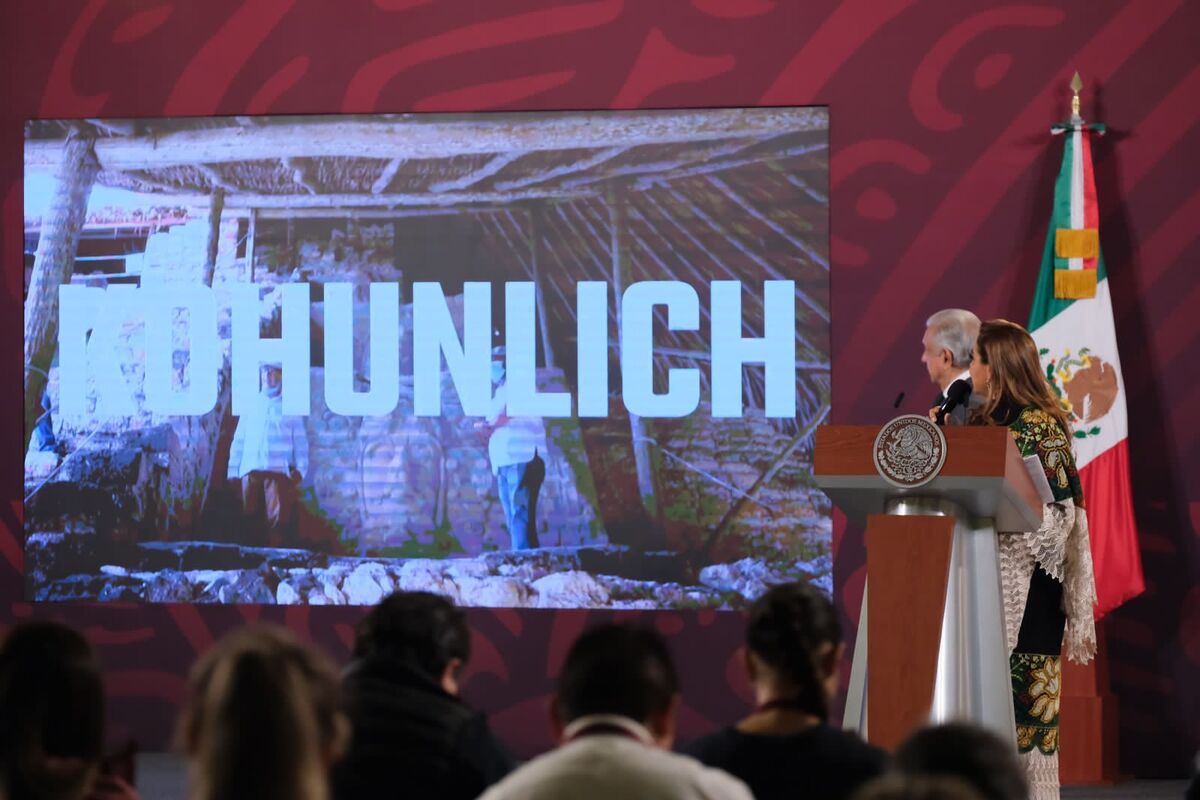 Mara Lezama presenta zonas arquelógicas de la cultura maya durante conferencia con AMLO. | Especial