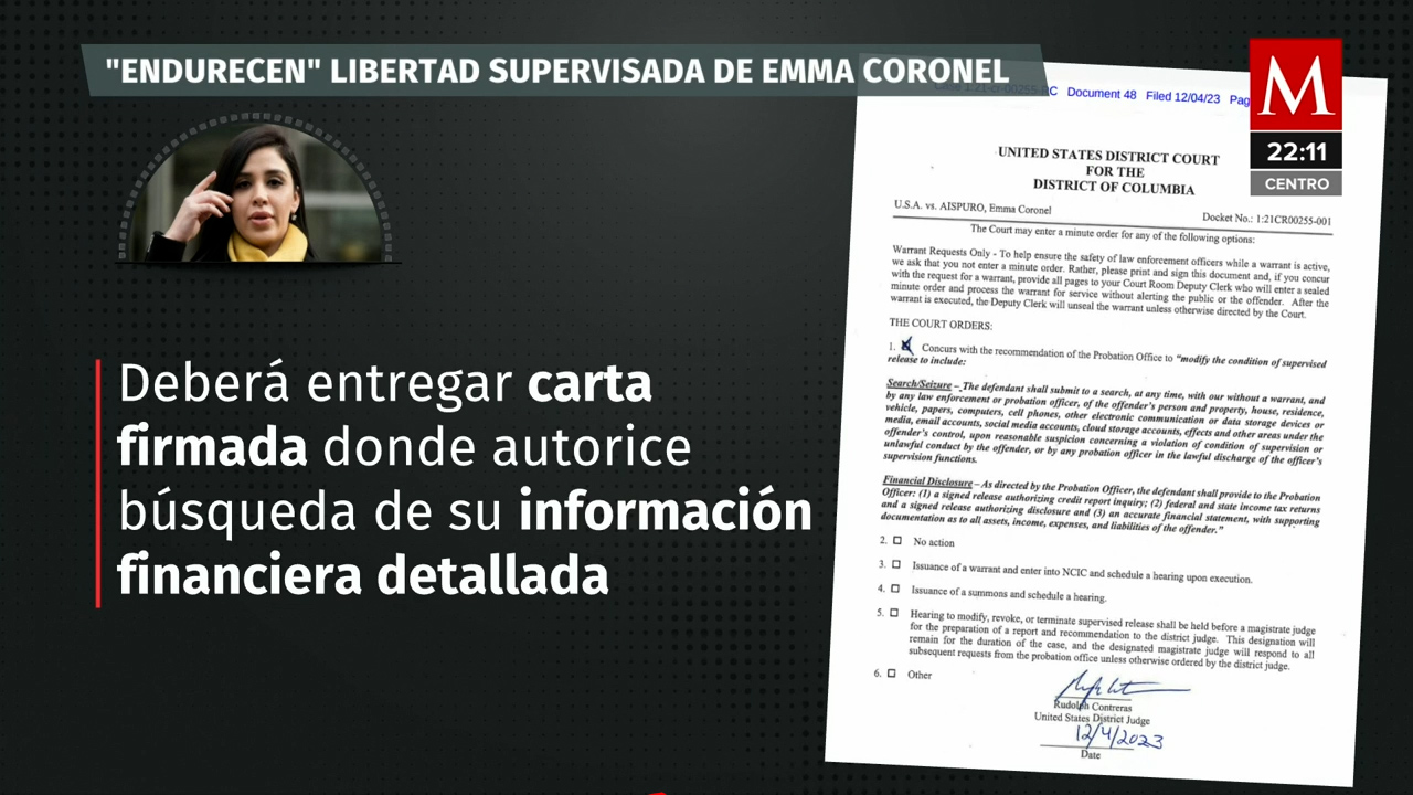 Emma Coronel sujeta a condiciones más estrictas de libertad condicional en EU