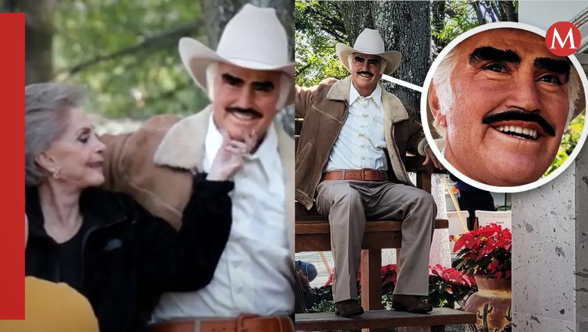 Cuquita Abarca acariciando estatua de Vicente Fernández | Especial