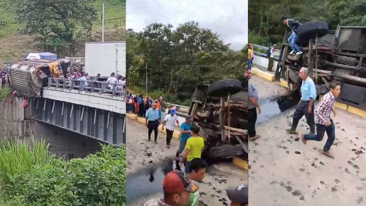 La prensa local mostró al autobús amarillo volcado y sobre la baranda metálica del puente. | @radio580nic