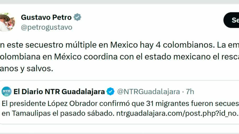 Cuatro colombianos se encuentran entre los migrantes secuestrados en Tamaulipas