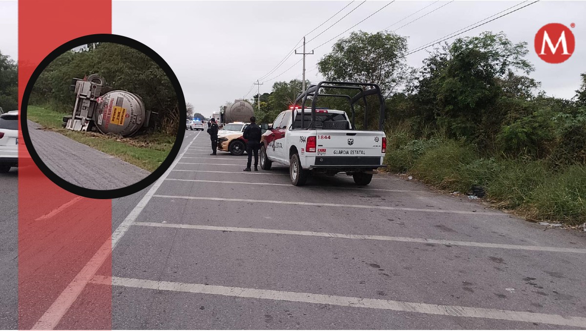 Pipa derrama combustible tras volcadura en Carretera Victoria-Monterrey