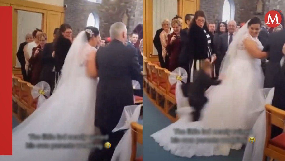 Niño salta sobre el vestido de una novia durante su boda | VIDEO