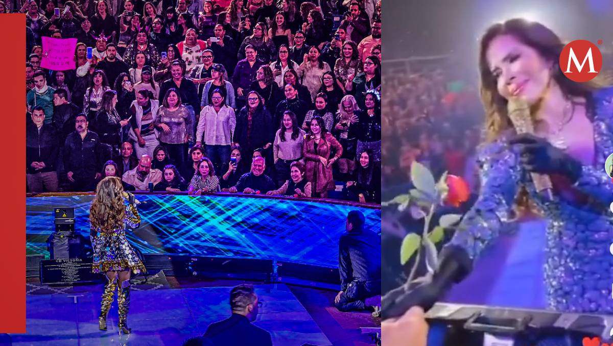 Gloria Trevi recibe flores de su papá en concierto en Ciudad-Victoria.