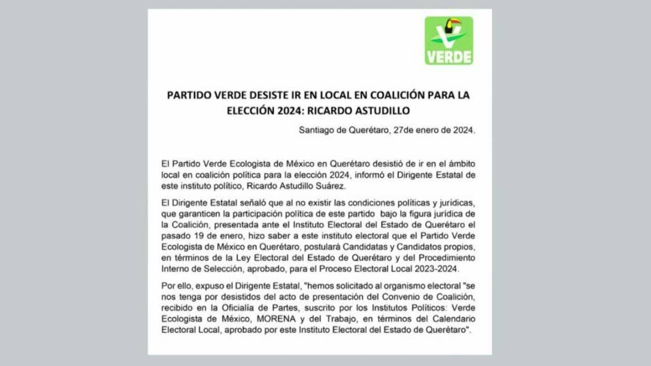Partido Verde en Querétaro decide no unirse a coaliciones para las elecciones de 2024