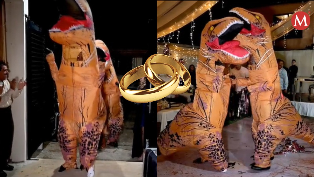 Novios entran a su fiesta de boda vestidos de dinosaurios en Tampico