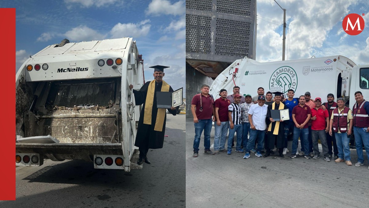 Joven celebra sobre unidad de recolección de basura. (Especial)