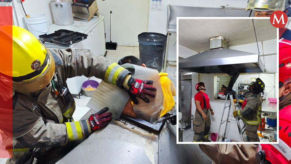 Hombre atrapado en chimenea de establecimiento en Cancún es rescatado  | Fotos: bomberoscancunoficial Diseño: Mauricio Ledesma