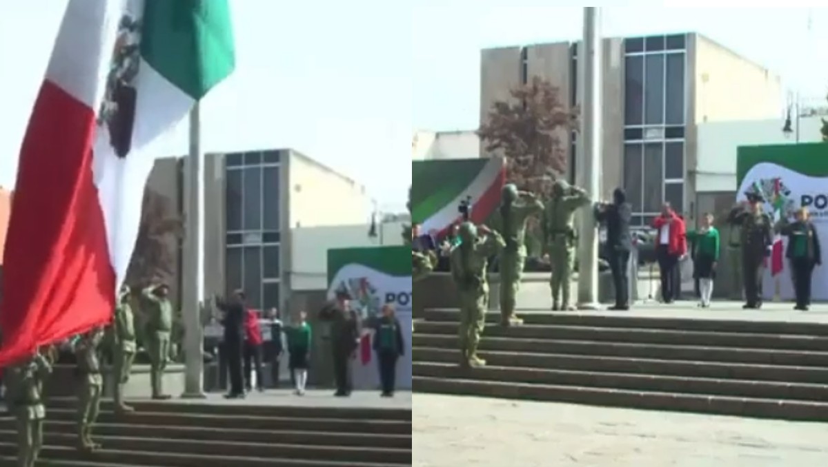 Bandera mexicana Izada al revés durante ceremonia cívica en SLP | Especial