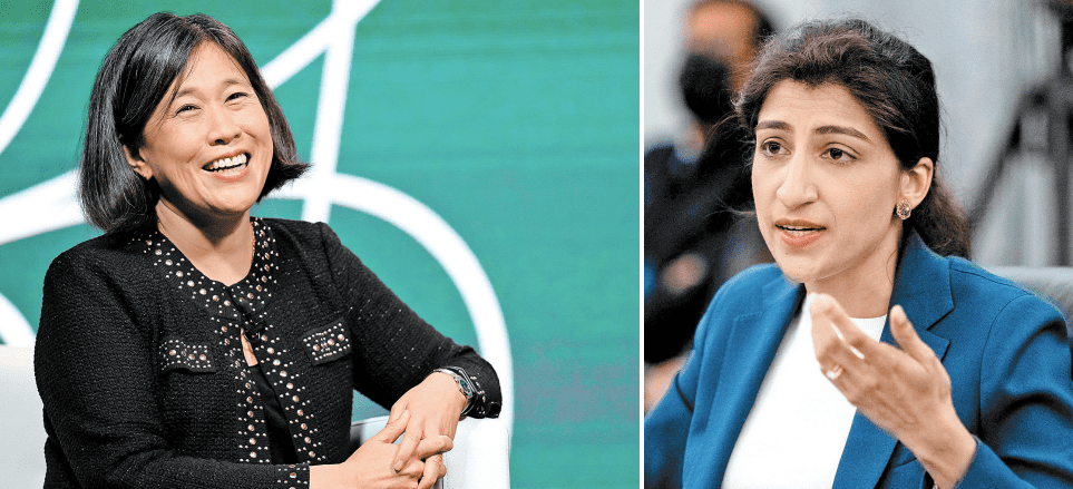 Katherine Tai, representante comercial de EU, y Lina Khan, presidenta de la Comisión Federal de Comercio. REUTERS