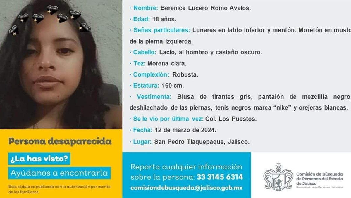 Buscan a Berenice Lucero Romo, desaparecida en Jalisco (Especial)