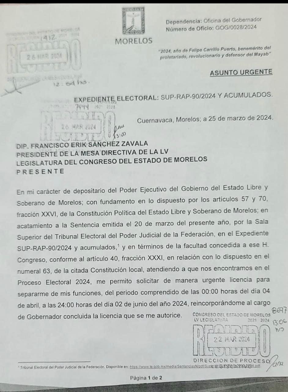 Solicita Cuauhtémoc Blanco licencia al cargo de gobernador de Morelos | Cortesía