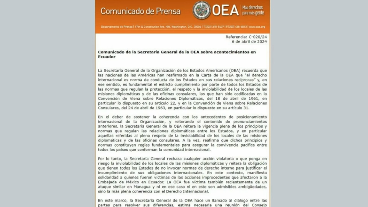 OEA pide que México y Ecuador se unan para dialogar