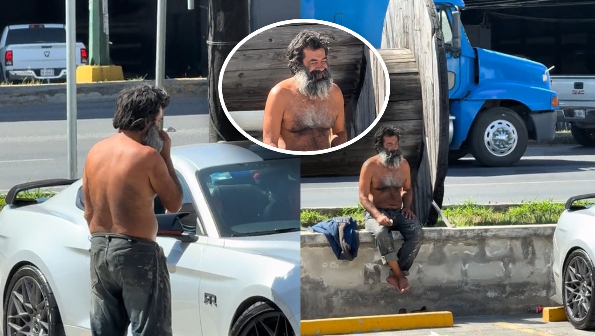 Indigente admira auto en Monterrey / Especial