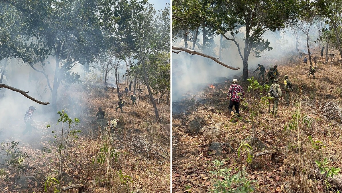 Elementos del Ejército y policías realizaron recorridos en las zonas incendiadas por presuntos integrantes de la Familia Michoacana. | Especial