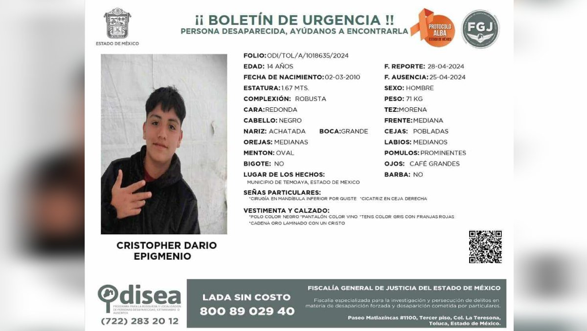 Ficha de búsqueda de Cristopher Darío Epigmenio. Foto: (Especial)