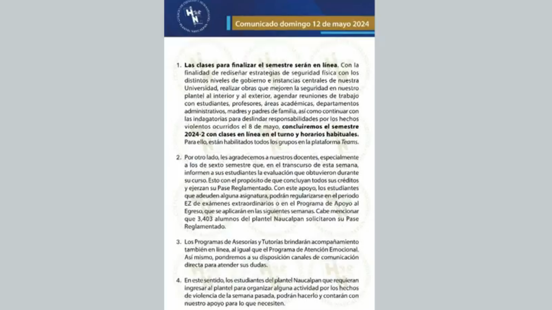 CCH Naucalpan concluirá clases en línea tras riña donde murió un estudiante