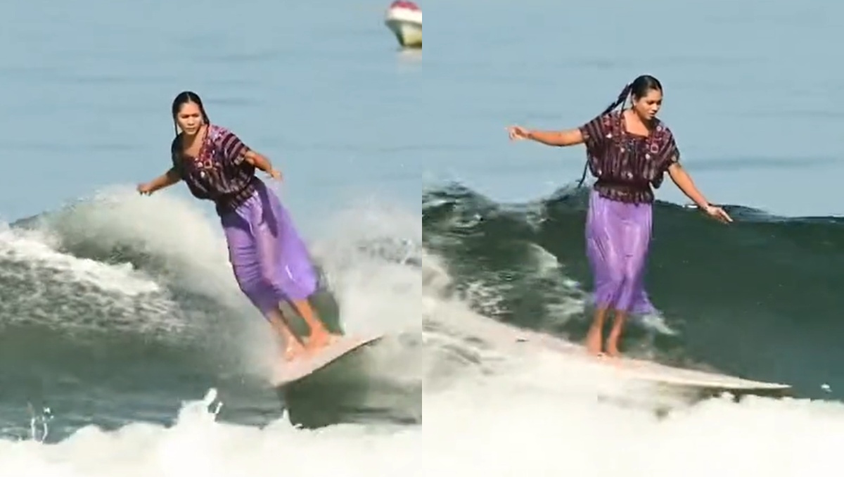 Surfista mexicana sorprende en redes al 'dominar' las olas con vestido huipil (TikTok @pattoornelas)