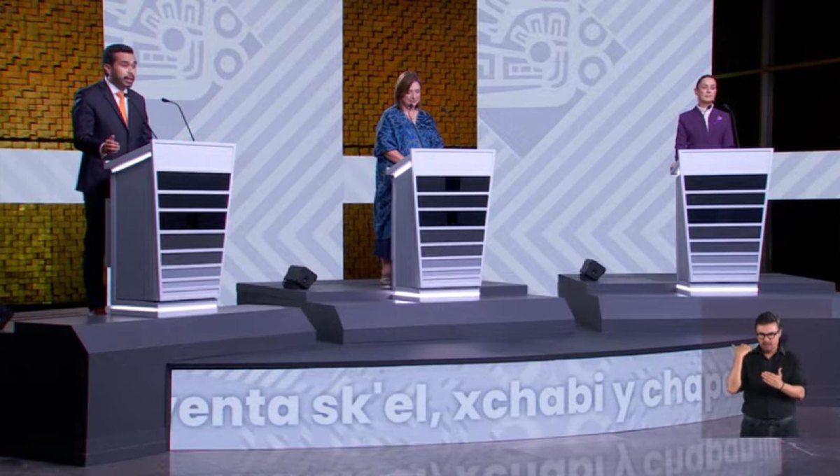 INE en tercer debate electoral entre Sheinbaum, Gálvez y Máynez.